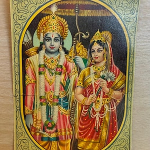 Vintage Indian postcard, Lord Rama and Sita, Hindu religious print from Ramayana