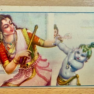 Krishna Yashoda Postkarte, Diwali Grußkarte, unbenutzte Karte, indischer Vintage Druck, Heimtempel Dekor, Hinduistische Göttin Gottheit, Hinduistische Postkarte