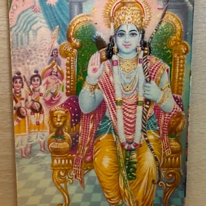 Vintage Indian postcard, Lord Ramson throne, Hindu devotional print, 1960&#39;s religious art
