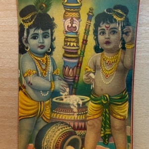 Krishna Postkarte, Diwali Grußkarte, indische Vintage Lithographie, Tempeldekor, unbenutzte Karte, hinduistische Gottheit, hinduistische Postkarte
