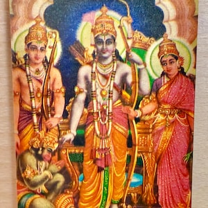 Pocztówka Ram Sita, oryginalna nieużywana kartka z pozdrowieniami z okazji Diwali z lat 50. XX wieku, hinduska bogini, bóstwo, zabytkowa indyjska litografia, hinduska pocztówka