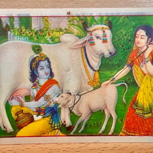 Krishna Yashoda Postkarte, unbenutzte Karte, Diwali Grußkarte, indischer Vintage Druck, Hinduistische Gottheit, Heimtempeldekor, Hinduistische Postkarte