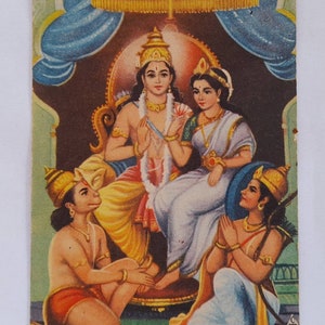 Cartolina di Ram Durbar, biglietto di auguri per Diwali, divinità indù, stampa indiana d'epoca, cartolina inutilizzata, decorazione del tempio, cartolina indù