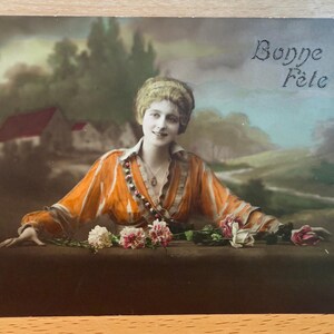 Postal antigua de moda francesa coloreada a mano, estilo Art Déco de la década de 1920, sin usar, para Año Nuevo.