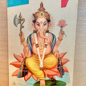 Ganesha Postkarte, hinduistische Gottheit, Diwali Grußpostkarte, indischer Vintage Lithographie-Druck, unbenutzte Karte