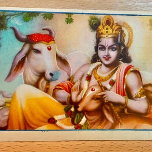 Krishna Postkarte, hinduistische Gottheit, indischer Vintage Druck, religiöse Kunst, Diwali Grußkarte, unbenutzte Karte, Heimtempel Dekor, Hindu Postkarte