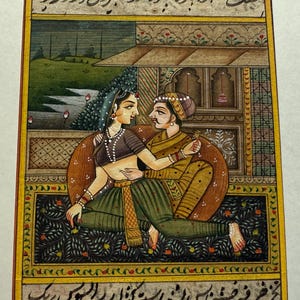 Vintage indische Diwali Miniaturmalerei, romantisches Paar Mughal Art Grafik