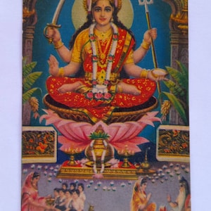 Laxmi Postkarte, unbenutzte 1950's Diwali Grußkarte, Heimtempel Dekor, Vintage indische Lithographie, Hinduistische Göttin-Gottheit