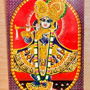 Krishna Postkarte, hinduistische Gottheit, Diwali Grußkarte, Heimtempel Dekor, Vintage indische Lithographie, Hinduistische Postkarte