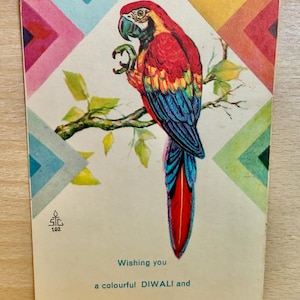 Diwali Postkarte, unbenutzte Karte, Diwali Grußkarte, alter Lithographie-Druck, Papagei, Ara, indischer Lithographie-Druck, Hinduistische Postkarte
