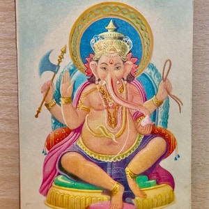 Ganesh Postkarte, alte Karte, hinduistische Gottheit, Diwali Grußkarte, Heimtempel Dekor, alte indische Druck Lithographie