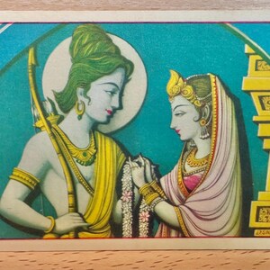 Cartolina di Ram Sita, biglietto d'auguri per Diwali, divinità indù, stampa litografica indiana d'epoca, decorazione per tempio domestico, cartolina inutilizzata, cartolina postale indù