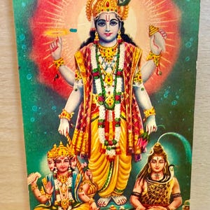 Cartolina di Vishnu, biglietto d'auguri originale inutilizzato degli anni '50 per Diwali, divinità indù, stampa indiana d'epoca, decorazione per tempio domestico, cartolina indù