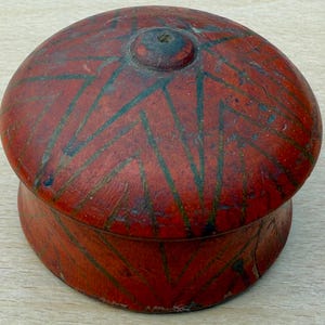 Vintage Indian hand painted lacquer trinket box, red tribal design