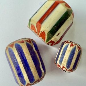 Set of 3 vintage blue and red African chevron trade beads