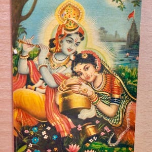 Krishna Radha Karte, Karte, hinduistische Gottheit, Diwali Karte, alte indische Lithographie Karte, Karte für die Göttin Diwali