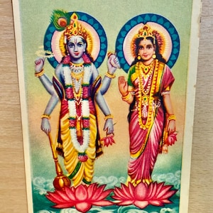 Cartolina di Vishnu Laxmi, biglietto d'auguri originale inutilizzato degli anni '50 per Diwali, divinità indù, stampa litografica indiana d'epoca, cartolina indù