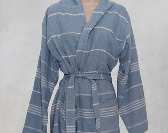 Authentic Turkish Cotton Bathrobe, Loungewear, Beachwear, Peshtemal Towel, Kimono Robe, Spa Robe, Hooded Robe