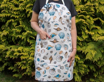 Handmade full canvas kitchen apron with two pockets BEIGE SEA SHELLS