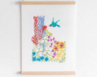 Idaho Wildflowers, Hummingbird, Art Print, 8x10