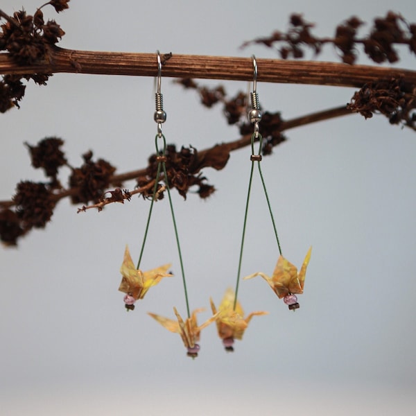 Origami Earrings Double mini Crane | Japanese-inspired Paper Earrings Handmade Jewelry | Lucky Charm Charm Gift Idea