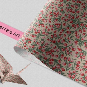Carta giapponese Chiyogami | Carta pieghevole Floreale Crema Verde Rosso Tulipani Giapponesi | Fornisce il design della decorazione di gioielli in carta da imballaggio