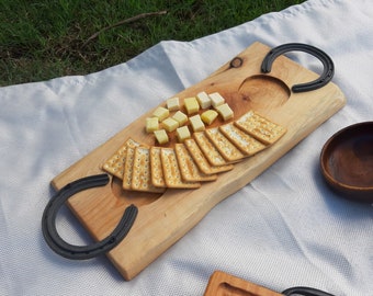 Farmhouse tray, Charcuterie Board with horseshoe handles 18x7in (45x18 cm), Custom Serving Tray, Cheeses and cold cuts, horseshoe gift