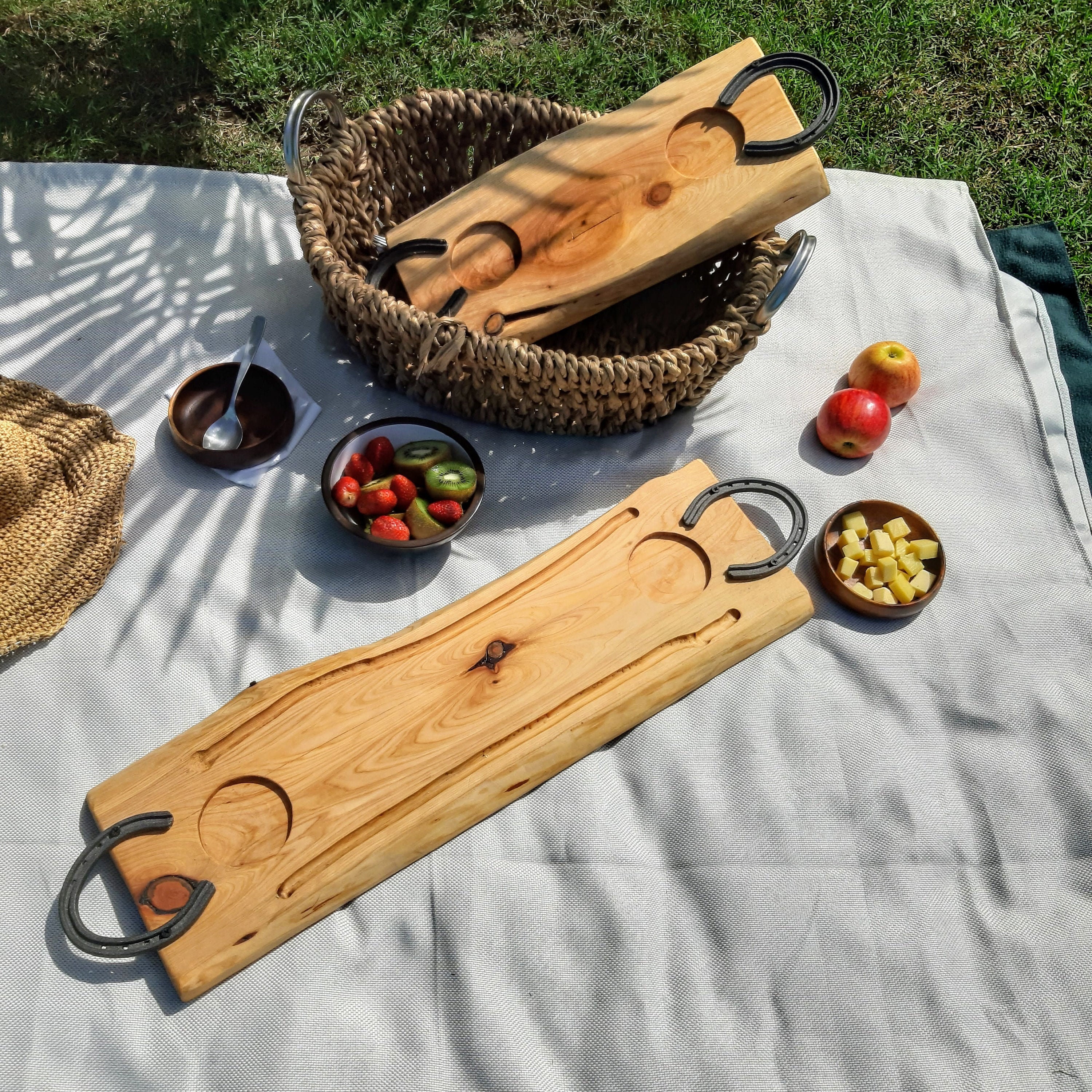 Large Charcuterie Board With Horseshoe Handles 25x8in, Custom Wood