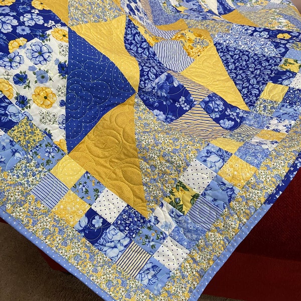 Blue and Yellow Patchwork Quilt, Twin Sized Quilt, Large Throw for Sofa, Day Bed Blanket, Ready to Ship