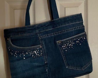 Upcycled Blue Denim Tote, Market Bag with Bling, Book Bag