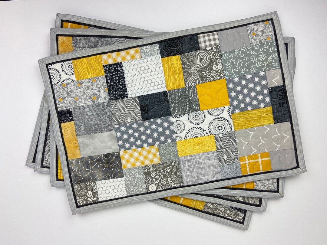 Patchwork Quilted Placemats, Set of Two, Four or Six Placemats in Gray