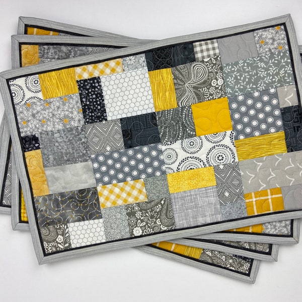 Patchwork Quilted Placemats, Set of Two, Four or Six Placemats in Gray, White and Gold, Bridal Shower Gift Idea