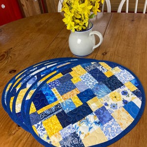 Blue and Yellow Patchwork Quilted Oval Placemats - Set of Six