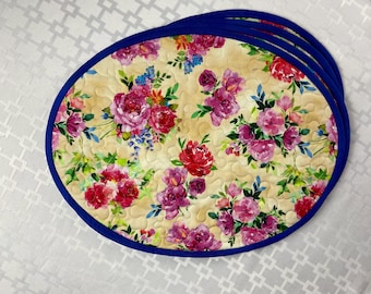 Quilted Oval Placemats - Cottagecore Theme, Reversible (Set of Four)
