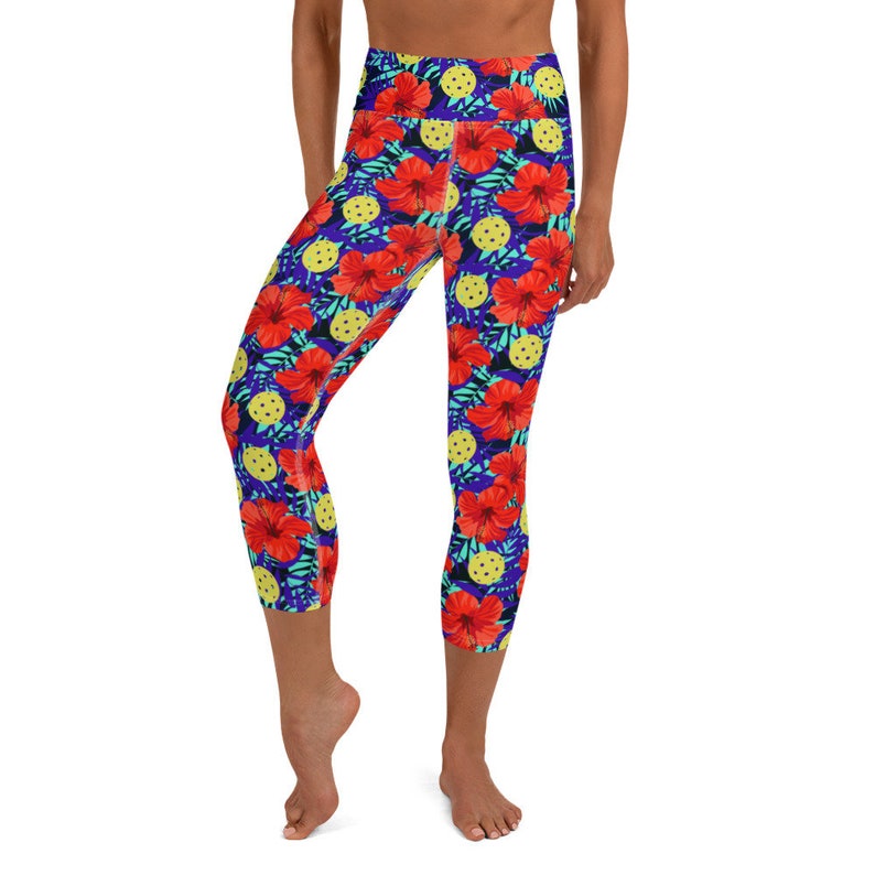 Pickleball Capri Leggings Tropical Floral Pattern With Red - Etsy