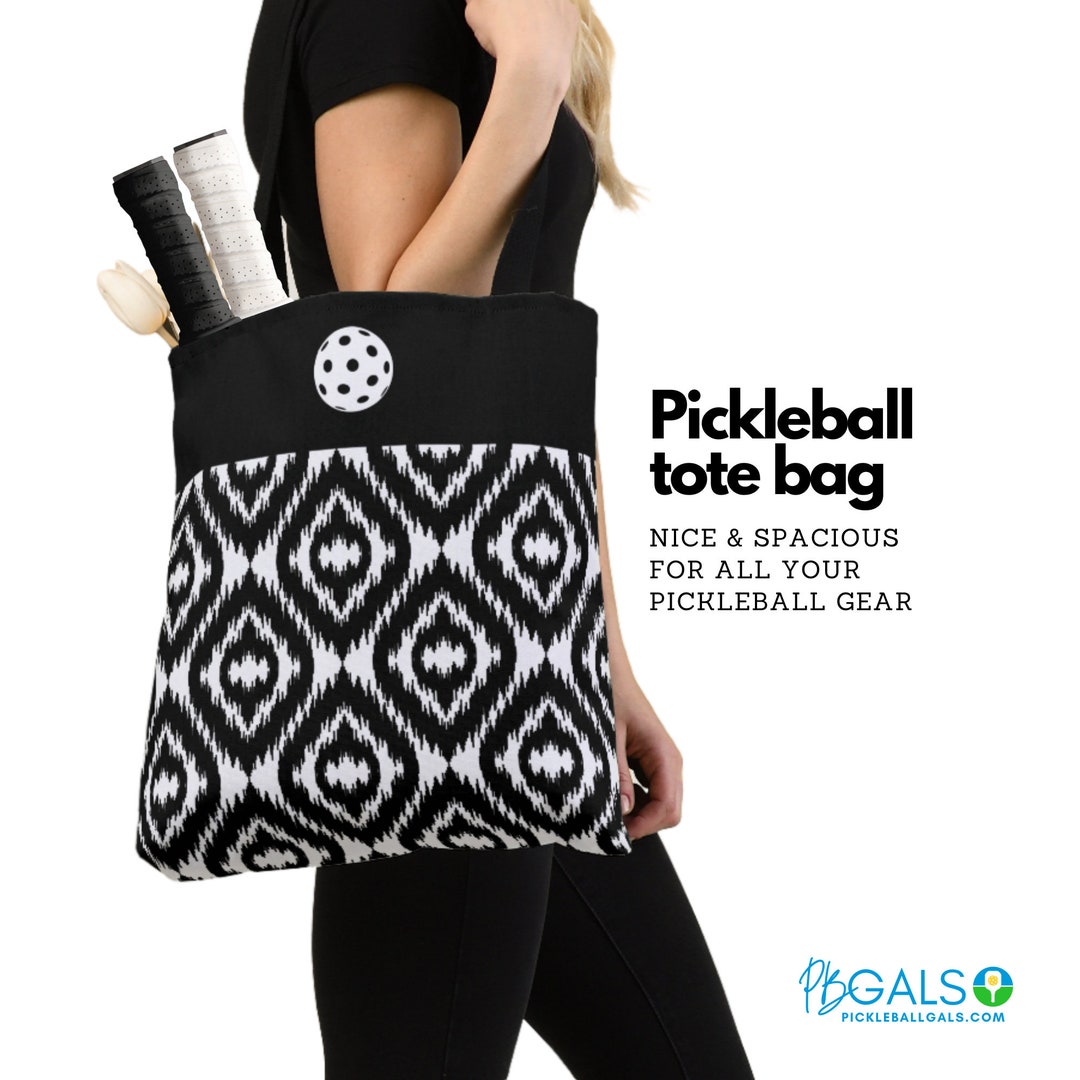 Large Pickleball Tote Bag Black White Boho Ikat Pattern Etsy