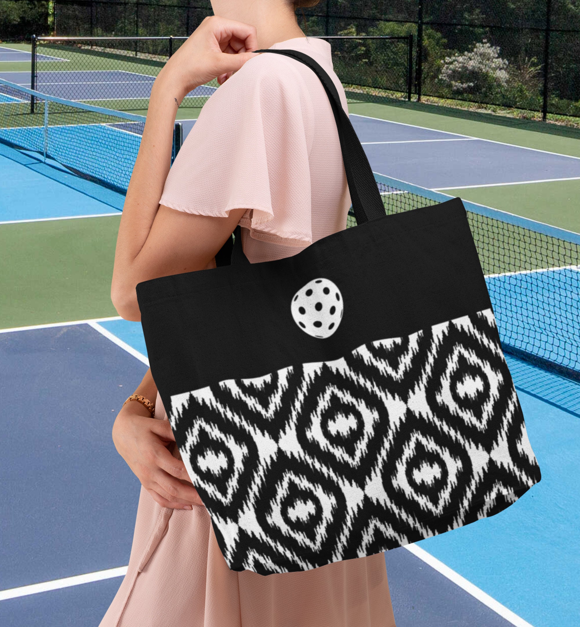 Large Pickleball Tote Bag Black White Boho Ikat Pattern Etsy