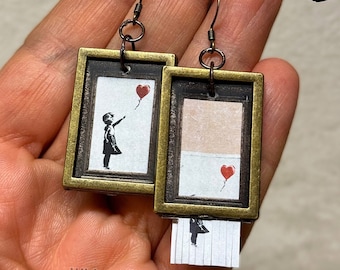 Banksy Inspired Asymmetrical Earrings: Girl with Balloon, Love is in the Bin