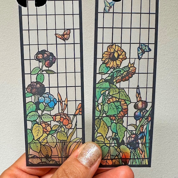 SET of TWO Art Nouveau "stained glass" clear bookmarks / transparent ornaments artwork by Mauméjean Brothers, Museu de Modernisme, Barcelona