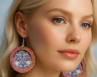 Frank Lloyd Wright Earrings: Waterlilies Design, Pink Hues, Wood Frame