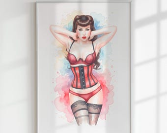 Watercolor Pin Up Art Print, Red Lingerie Corset, Retro Glam Decor (Digital Download)