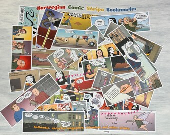 May include: A pile of colorful bookmarks featuring comic strips from Norwegian magazines. The bookmarks are made from recycled materials and feature a variety of characters and scenes. The text on the bookmarks reads "Norwegian Comic Strips Bookmarks" and "Authentic, upcycled magazines, calendars and other prints."