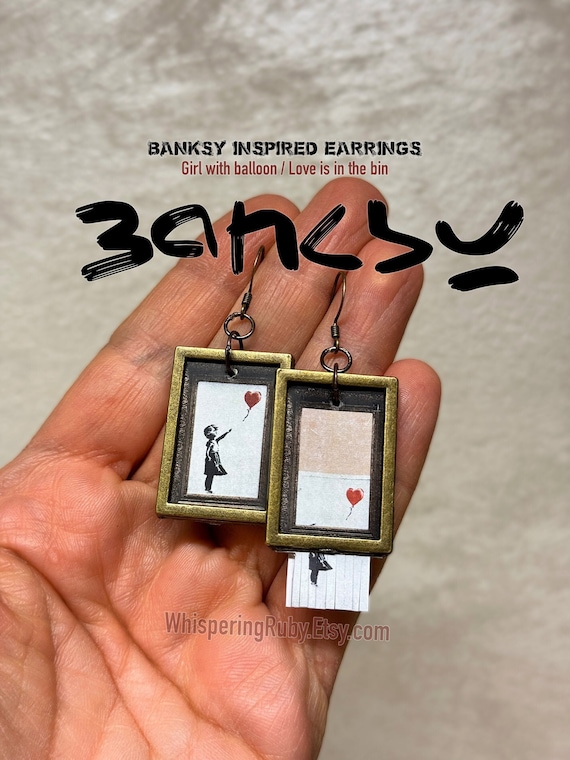 Banksy Inspired Asymmetrical Earrings: Girl with Balloon, Love is in the Bin