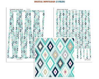 Può includere: Modelli di perline di carta stampabili per realizzare forme a goccia e rotonde. Il design presenta un motivo geometrico turchese, blu navy, oro e bianco con pois bianchi.