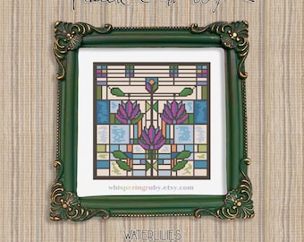 Waterlilies Pop Art Mini Embroidery, Frank Lloyd Wright Small Cross Stitch Chart (88x88 Stitches PDF Download)