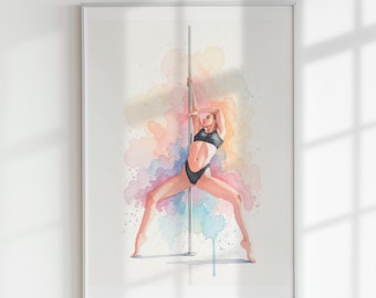 Pole Dance Wall Art Print, Watercolor Fitness Poster, Sensual Modern Decor, Printable