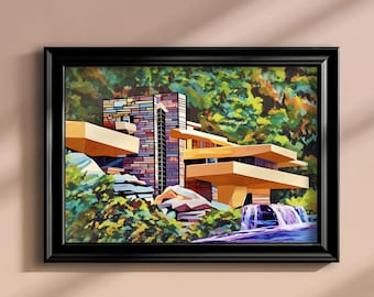 Frank Lloyd Wright Fallingwater Pop Art Digital Poster Instant Download, Architecture Landmarks