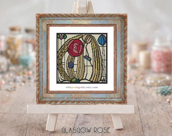 Glasgow Rose Mini Peyote Embroidery, Charles Rennie Mackintosh Small Beaded Tapestry (6x6 inches PDF download)