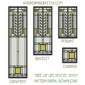 May include: Four different sized peyote stitch patterns of a tree of life design. The patterns are labelled "ornament", "bracelet", "pendant", and "earrings".
