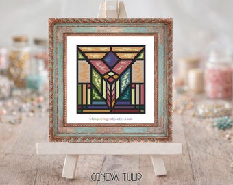Geneva Tulip Pop Art Mini Peyote Embroidery, Frank Lloyd Wright Small Beaded Tapestry (6x6 inches PDF download)